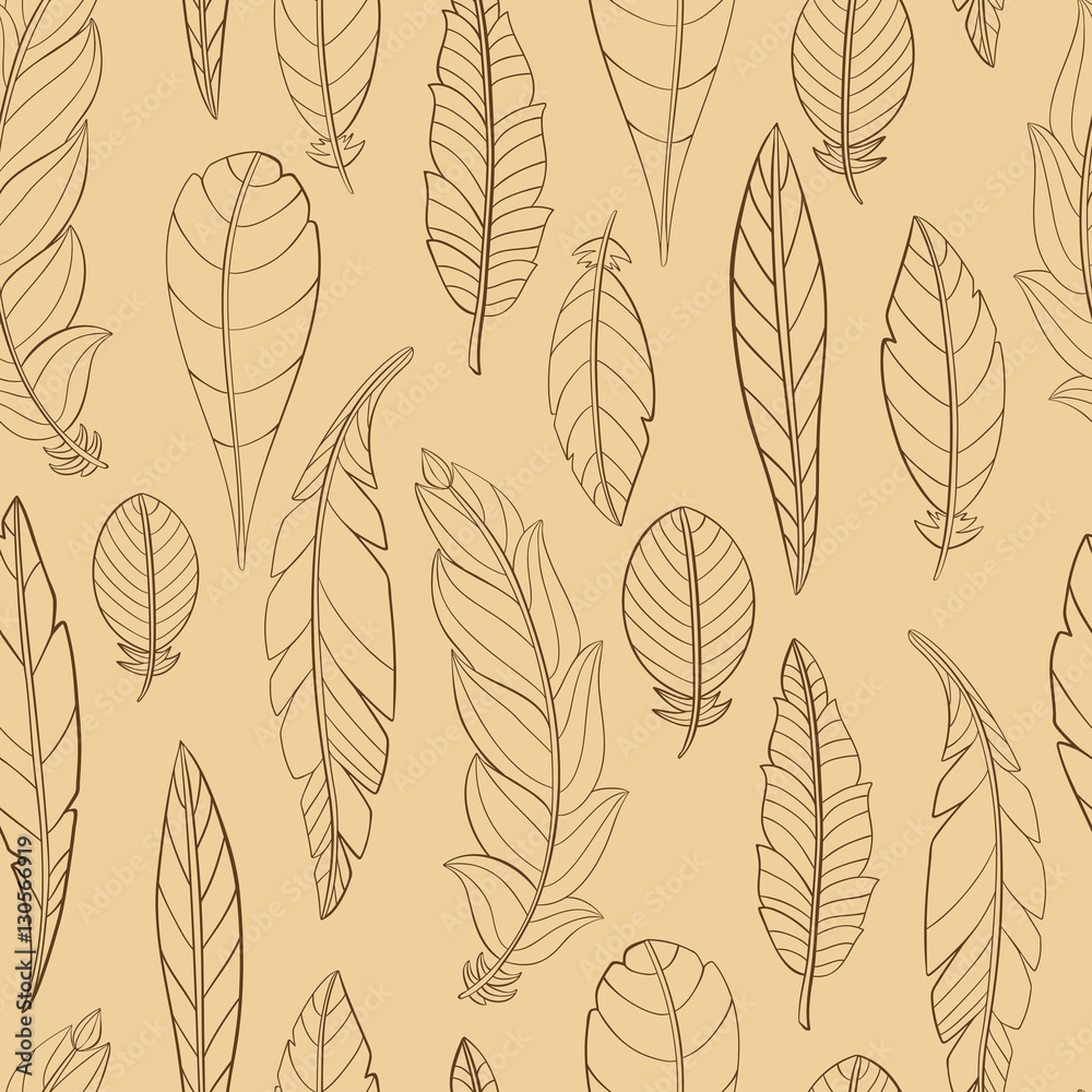 Seamless pattern of hand-drawn and colored feathers.