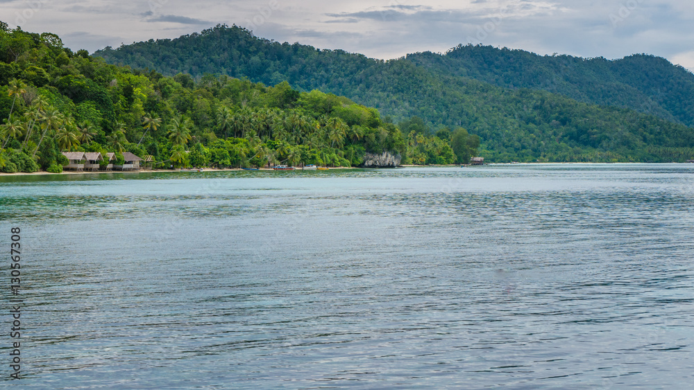 Homestay on Kri Island, Monsuar in Background, Raja Ampat, Indonesia, West Papua