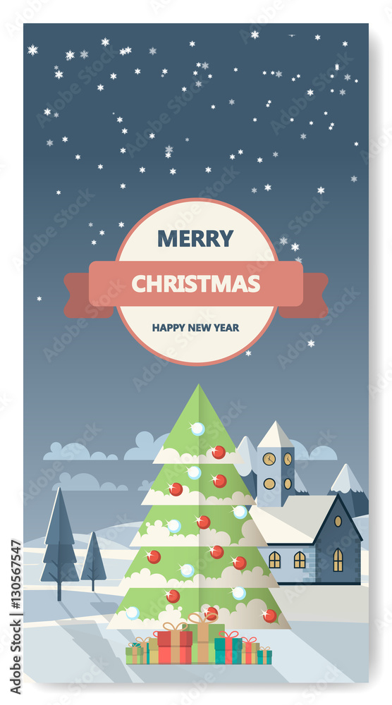 Merry Christmas Greeting Card Flat Style Vector Illustration.


