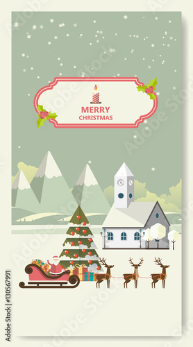 Merry Christmas Greeting Card Flat Style Vector Illustration.


