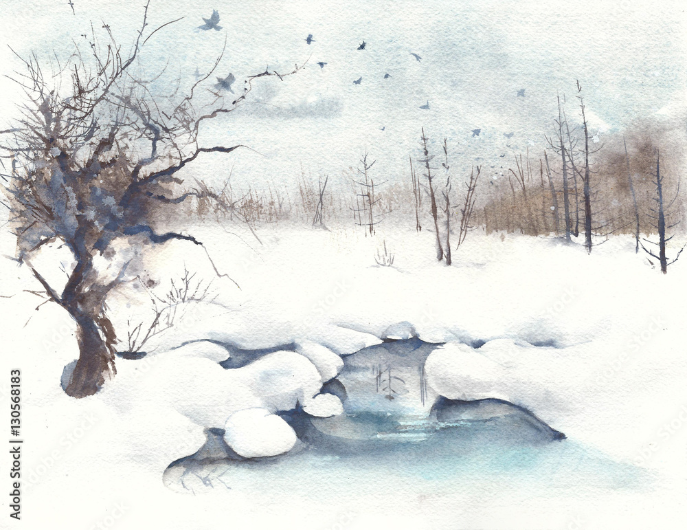 Obraz Zimowa krajobrazowa lasowa wiosny akwareli obrazu ilustracja
