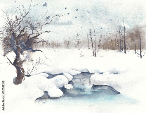 Obraz na płótnie Zimowa krajobrazowa lasowa wiosny akwareli obrazu ilustracja