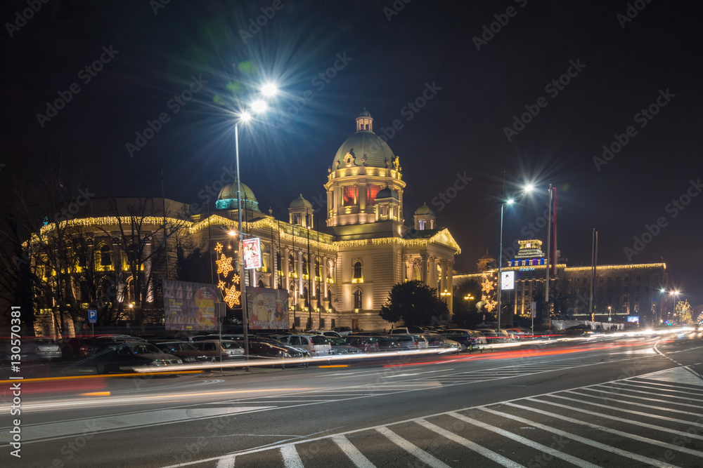 Belgrade, Serbia - December 11, 2016:  Parliament of the Republic of Serbia in Belgrade at night. The building of the National Assembly, originally the House of Commons, began to be built in 1907.