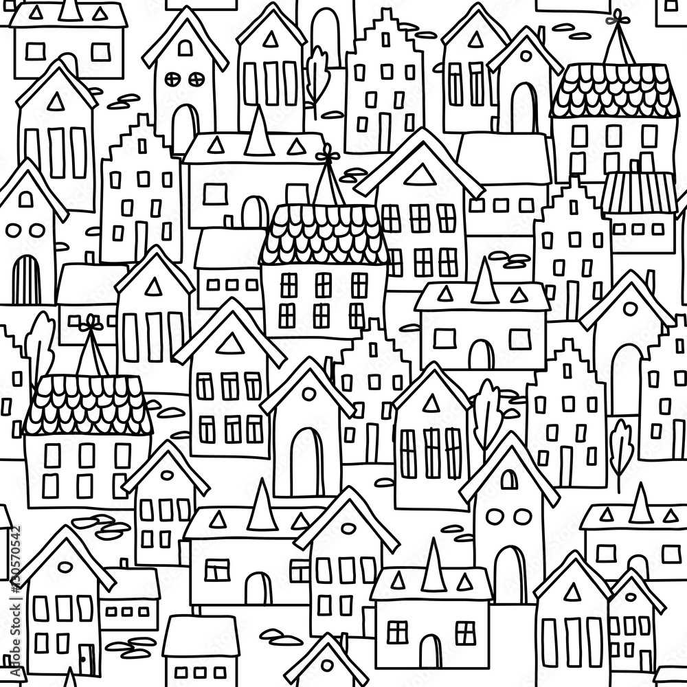 Seamless pattern background with european houses in black and wh