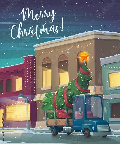 Christmas Holiday card. Cartoon truck with christmas tree. Retro truck carries christmas tree through town in snowy weather. Greeting card with fairy tale houses. Vector illustration.