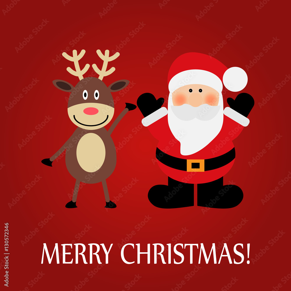 Christmas greeting card with a deer and Santa Claus on a red background Christmas greeting card with a deer and Santa Claus on a red background