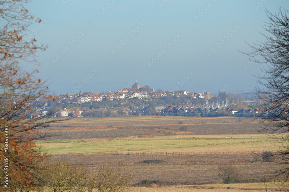 View of Rye, East Sussex UK across fields from the West