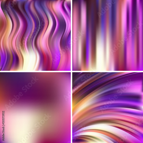 Set of four square backgrounds. Abstract vector illustration of colorful background with blurred light lines. Curved lines. Pink  purple  yellow  white colors.