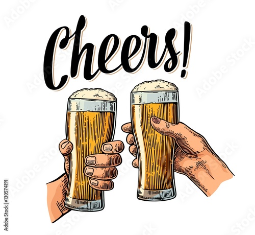 Female and male hands holding and clinking with two glasses beer