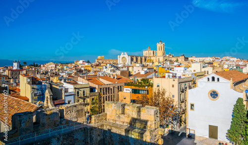 Aerial view of tarragona taken from the circo romano with the cathedral of saint mary on background