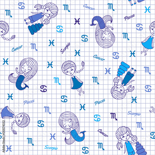 Funny seamless pattern with zodiac signs.
