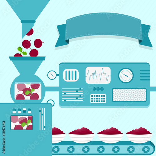 Vector illustration of factory producing beet cream. Sugar beet cream production from fresh beets. Empty ribbon for insert text.