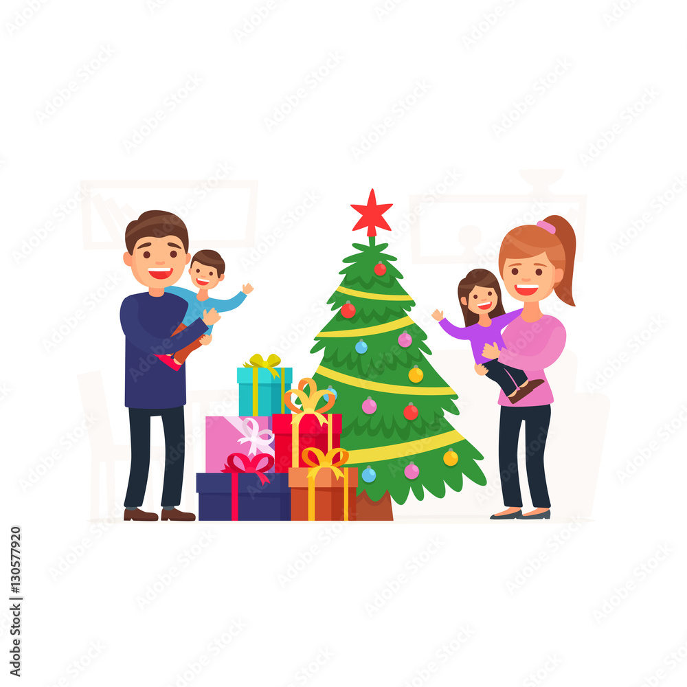 Merry Christmas and New Year. Family and mountains of gifts. Vector illustration Merry Christmas and New Year. Family and mountains of gifts. Vector illustration