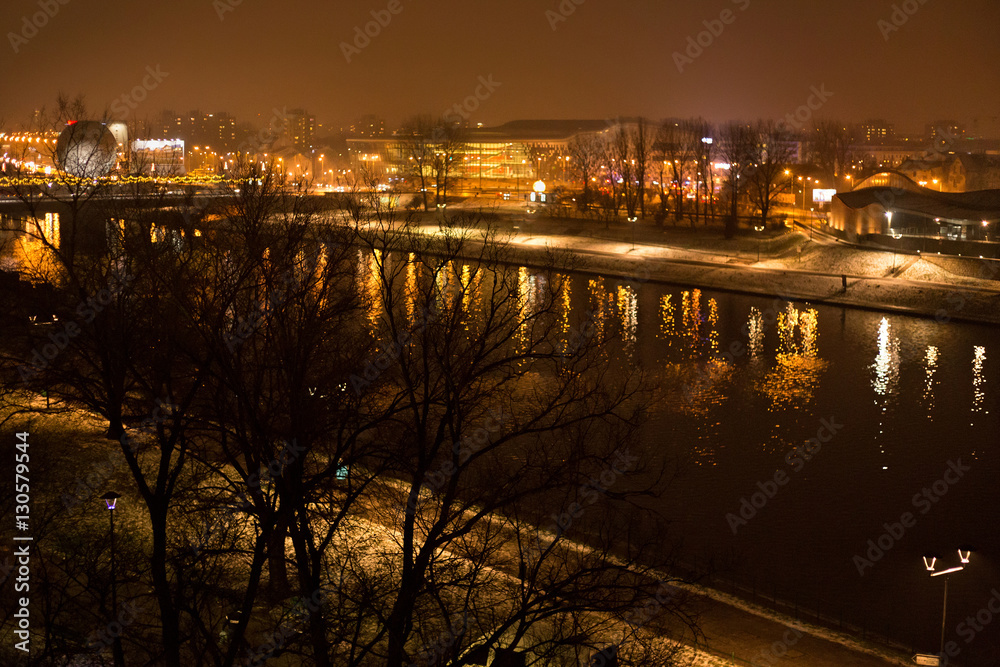 Vistula river in Krakowat winter night. Poland
