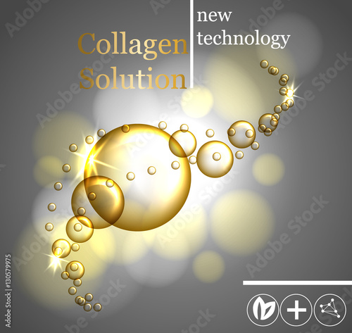 Cosmetic ads template, glass droplet bottle with essence oil drop isolated on brown background. 3D illustration. Q10, vitamin and other ingredients showing on the poster.