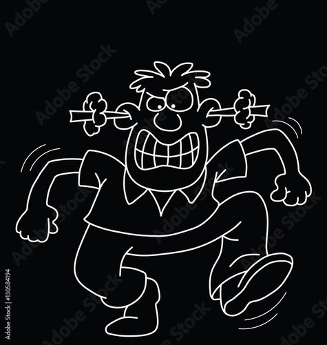 Monochrome outline cartoon angry man isolated on black background