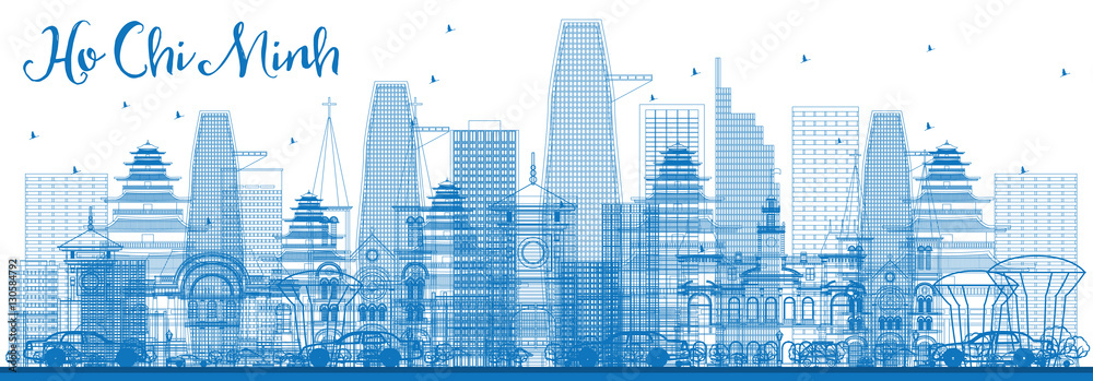 Outline Ho Chi Minh Skyline with Blue Buildings.
