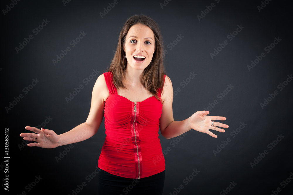 Beautiful woman doing different expressions in different sets of clothes: surprise Beautiful woman doing different expressions in different sets of clothes: surprise