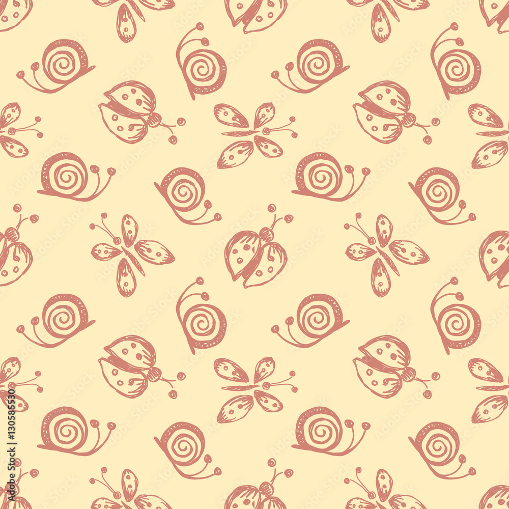 Seamless vector hand drawn seamless pattern with insect. Pastel red background with ladybug, butterfly, snail Decorative cute graphic drawn illustration Template for background, wrapping, wallpaper