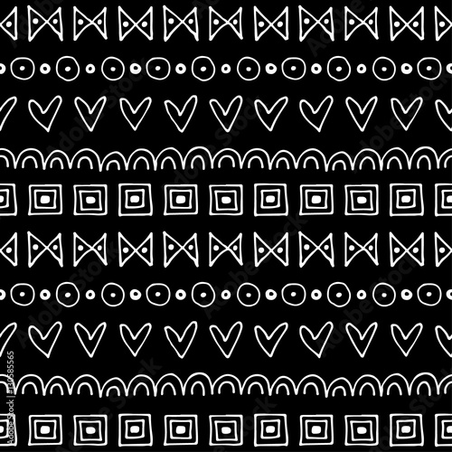 Seamless vector pattern. Black and white geometrical background with hand drawn little decorative elements.Simple design. Graphic vector illustration. Template for wrapping, background wallpaper cover
