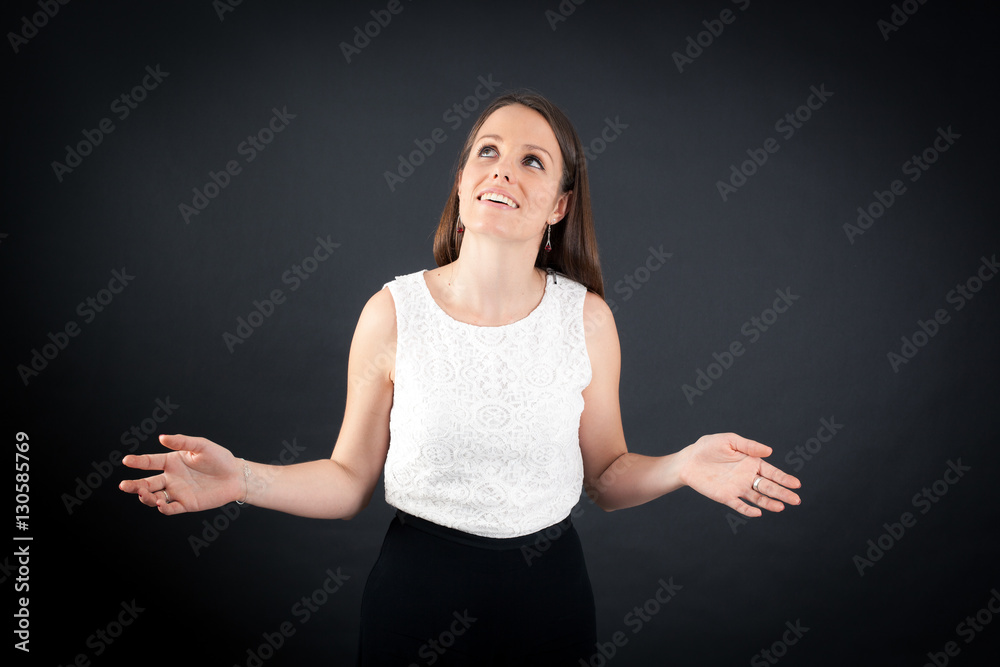 Beautiful woman doing different expressions in different sets of clothes: joy