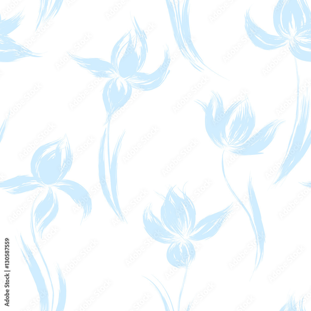 Garden flowers seamless pattern background vintage silhouette illustration iris. Floral hand drawn design elements.