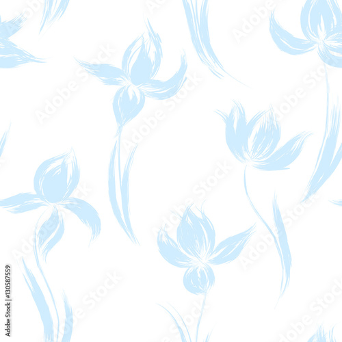 Garden flowers seamless pattern background vintage silhouette illustration iris. Floral hand drawn design elements.
