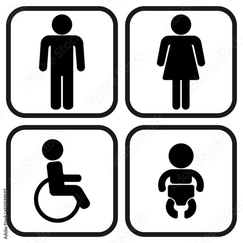 Set of 4 restroom web and mobile icons. Man, woman, child, disability. Vector illustration isolated on white