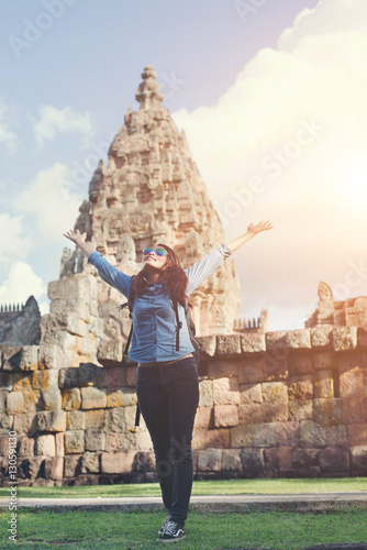 Young attractive woman enjoy life while traveling at phnom rung.