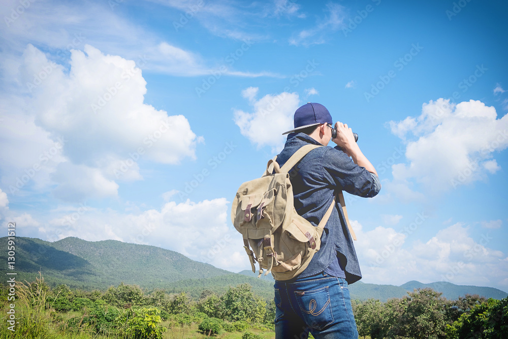 Man Binoculars Looking Mountain Cloudscape Traveling Concept