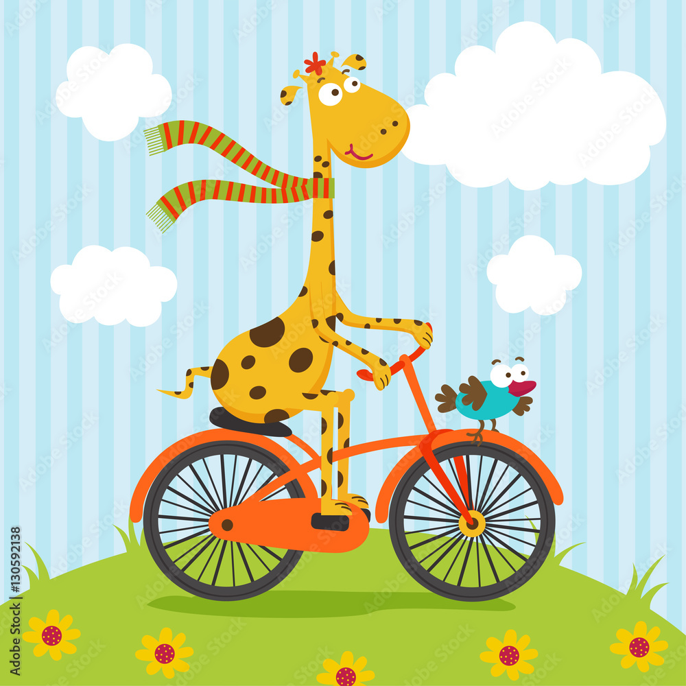 Naklejka premium giraffe and bird riding on bicycle - vector illustration, eps