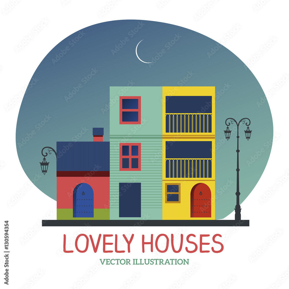 Obraz premium Lovely Houses under the moon. Vector illustration isolated on white background.