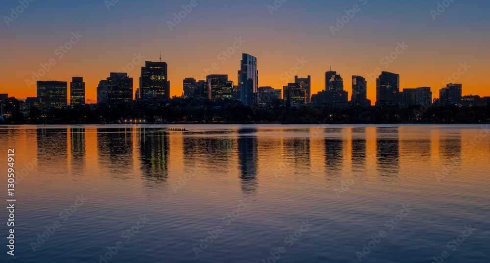 Back bay , beacon hill ,boston at sunrise. Charles river foreground