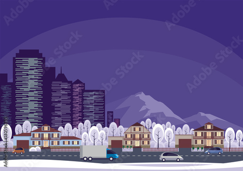 The cottage settlement on the suburb of the big city. Vector background