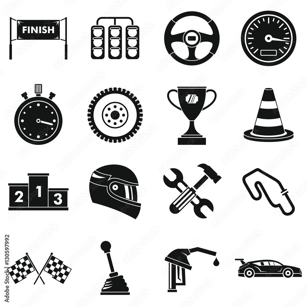 Racing speed icons set. Simple illustration of 16 racing speed vector icons for web