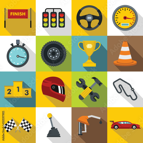 Racing speed icons set. Flat illustration of 16 racing speed vector icons for web
