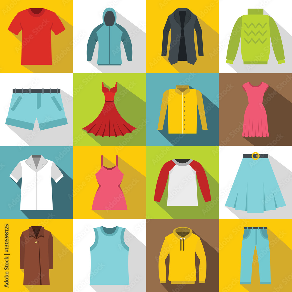 Different clothes icons set. Flat illustration of 16 different clothes items vector icons for web Different clothes icons set. Flat illustration of 16 different clothes items vector icons for web