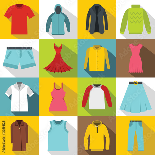 Different clothes icons set. Flat illustration of 16 different clothes items vector icons for web