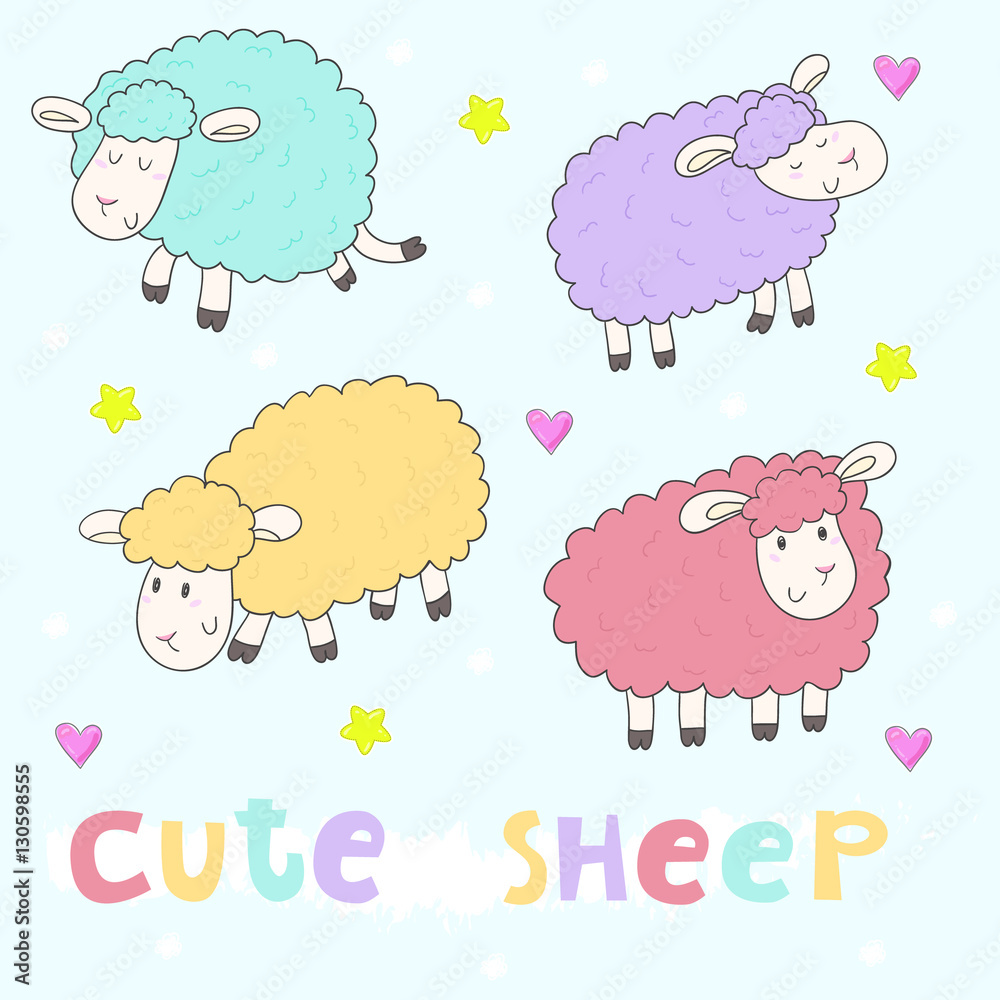 Cute hand drawn sheeps set in cartoon style. vector print Cute hand drawn sheeps set in cartoon style. vector print