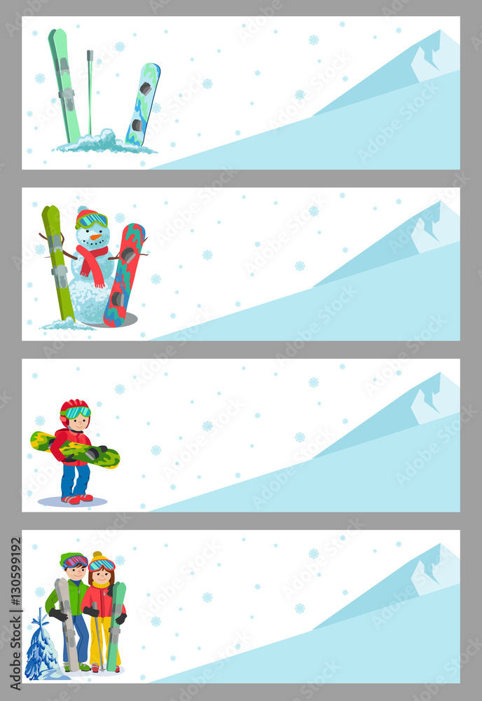 Obraz premium Mountain skier winter sport flyer design template. Snowboarding and skiing on flyers. Vector illustration.