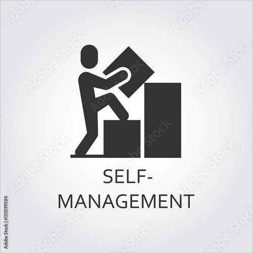 Vector black flat icon self-management as man builds graph
