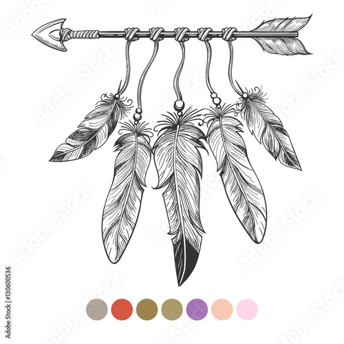 Handdrawn colorng boho element. Arrow and feathers on white background with color swatches. Vector illustration