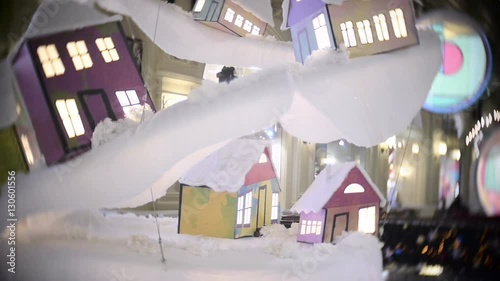 New Year's and Christmas decorations in the malls, in the central part. Decorations hang ceiling.