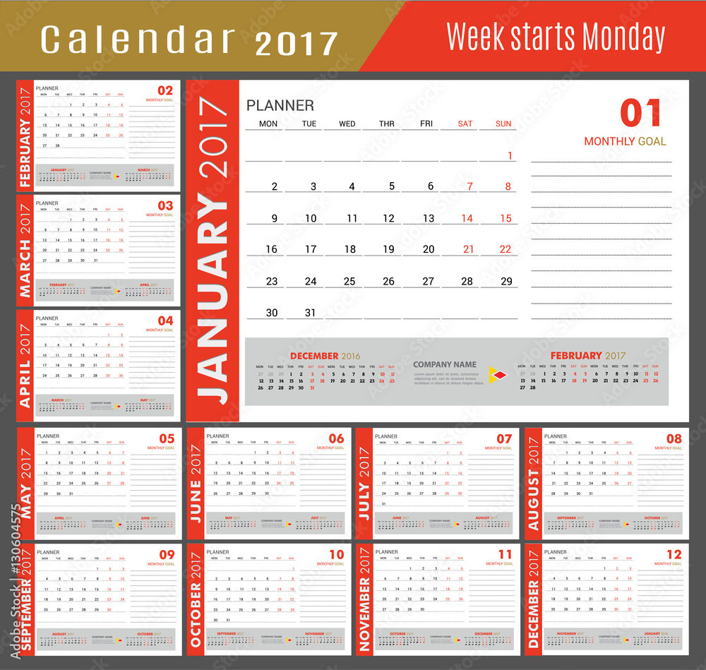 January-December for Calendar 2017 year.Week starts Monday. Vector