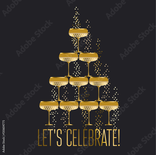 gold sparkling champagne glass pyramid flat vector illustration