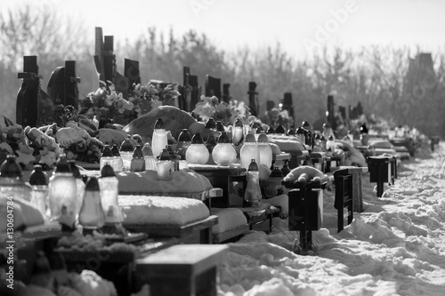 cementery with tombstones and crosses  cemetery in winter landscape  