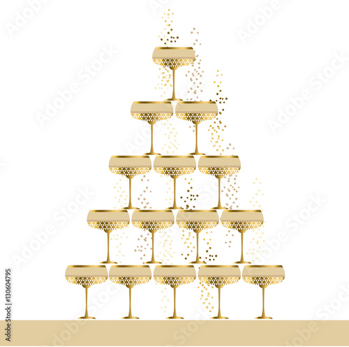 gold sparkling champagne glass pyramid flat vector illustration.
