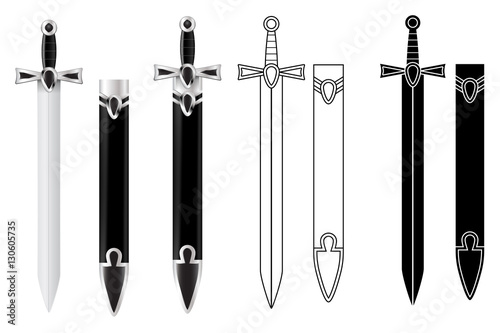 Sword with scabbard. Flat outline image and 3d illustration Fototapet