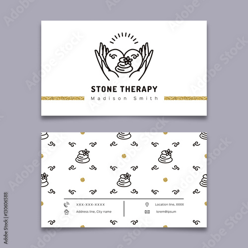 Vector stone therapy business card template. Stone massage, beauty spa, relax and natural medicine thin line symbols. Business card spa studio. Trendy minimal outline design, Vector illustration