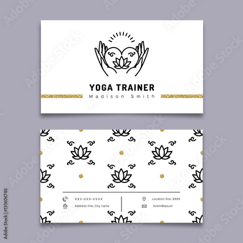 Vector yoga trainer business card template. Yoga outline icon and thin line art pictogram, meditation icon, lotus floral pattern. Nature, beauty, health symbols. Vector illustration